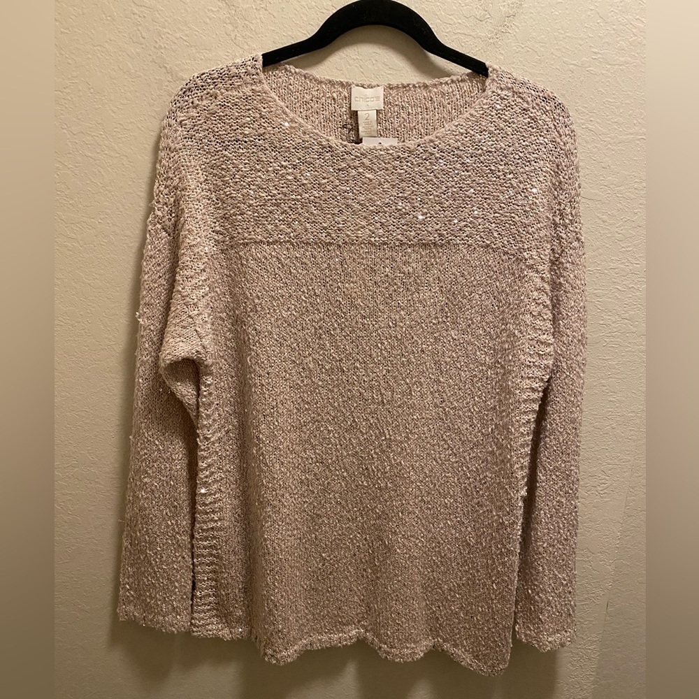 Chico's Sequin Shine Maya Pullover Sweater In Soft Orchid Size 2 (L) NEW